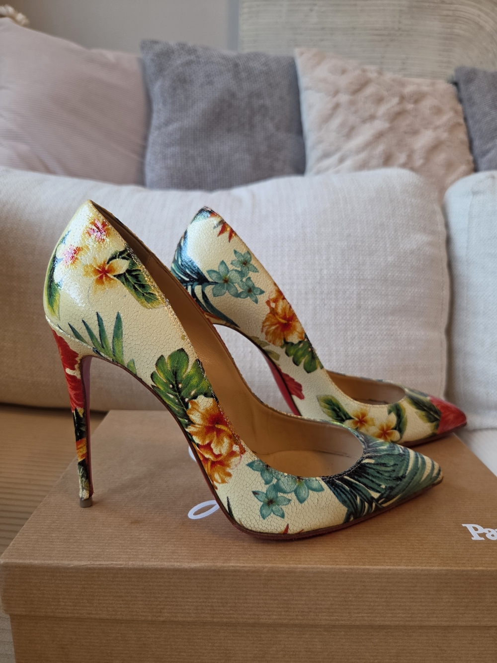 Christian Louboutin Tropical Floral Yellow Pointed Stiletto Heels